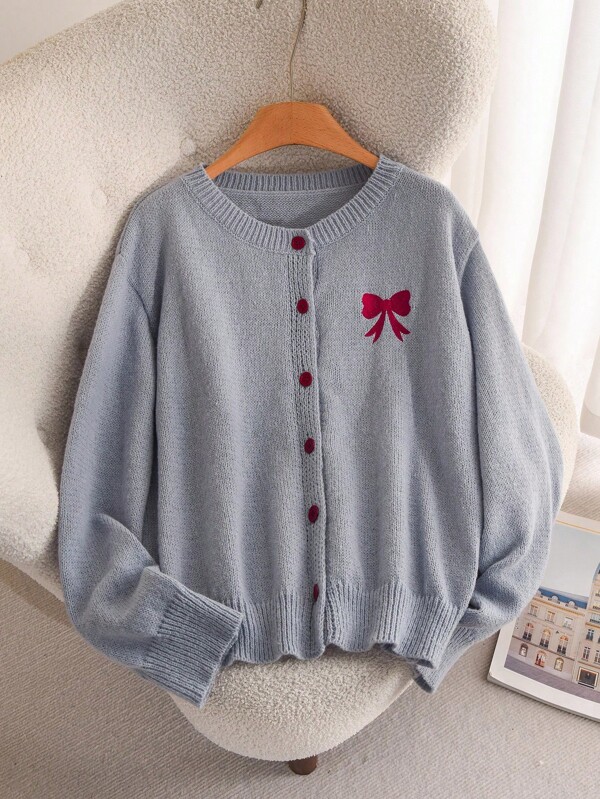CosyJoli Plus Size Women Bow Embroidered Long Sleeve Single-Breasted Cardigan