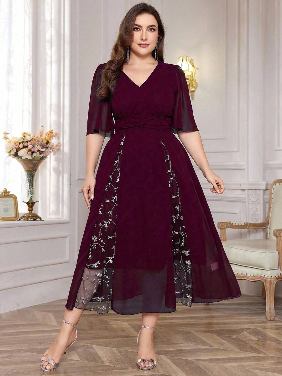 Modelyn Đầm Maxi Dự Tiệc Cổ Chữ V Thanh Lịch Cỡ Lớn Có Viền Xếp Ly Cho Nữ Trang Phục Dài Dạ Hội - Đỏ - Xem 1