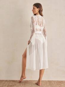 Charlaine Women's French Eyelash Lace & Mesh Diagonal Cut Sleepwear Robe - White - View 3