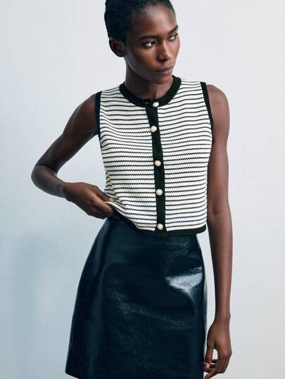 Maija Women Contrast Striped Sleeveless Knit Top Womens Vest Preppy Tops Striped Top Button-Down Vest  Going Out Tops Women Going Out Tops Going Out Outfits Tops For Going Out Off The Shoulder