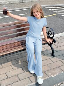 SHEIN 青少年女孩两件套：纯色纹理针织立领修身短袖 T 恤和阔腿裤 - 藍色 - 查看 6