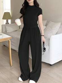 SHEIN Comfortable Polyester Plain Black Co-Ords With Regular Sleeves And Relaxed Fit For Tween Girls Tween Girl Wide Leg Pants Girls Wide Leg Pants Set Girls Black Wide Leg Pants Tween Girl Wide Leg Pants Outfit Tween Girls Summer Outfit Girls Wide Leg Pants Outfit Teen Girl Wide Leg Pants Outfit Tween Girls Wide Leg Pants Set Teen Girls Wide Leg Pants Outfit Girls Black Wide Leg Pants Set - Black - View 11