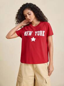 INAWLY 女款常规版型纽约星白色英文标语五角星简约休闲街头家居服夏季美式图案圆领短袖 T 恤 - 紅色 - 查看 4