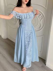 Modelyn Damen Chiffon Kleid mit Spitzeneinsätzen, carmen-Ausschnitt und geschmückter Taille für den Sommer