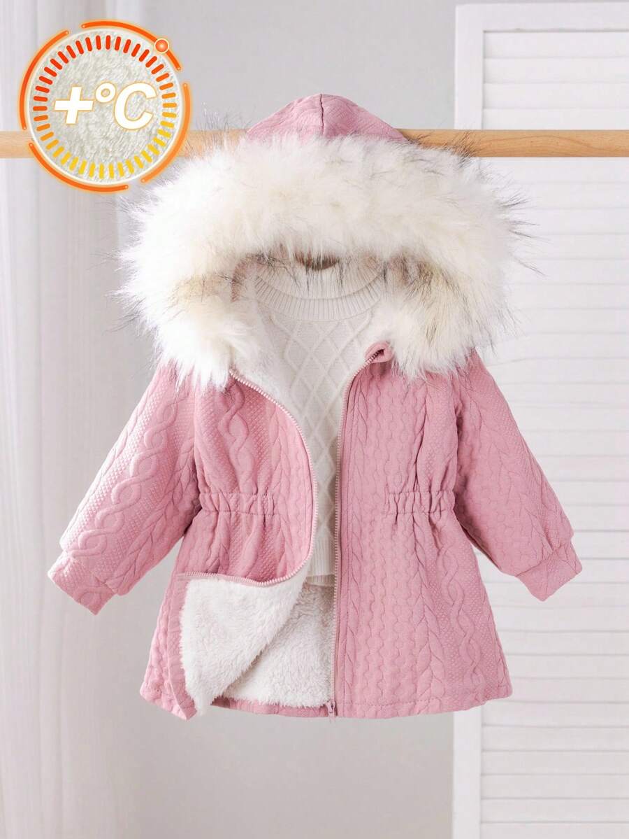 SHEIN Baby Girl Casual Fleece Hooded Jacket With Faux Fur Collar, Autumn & Winter Fall - Pink - View 1