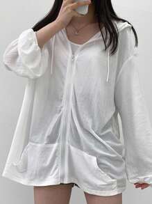 DAZY Women Oversized Hooded Floral Print Open Front Thin Jacket, White, Spring/Summer/Autumn - White - View 6