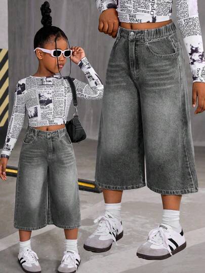 Girls' Oversized Washed Soft Retro Casual Wide Leg Denim Shorts, Thin Fabric, Suitable For Spring & Summer, Denim Wide Leg Pants Fall Winter