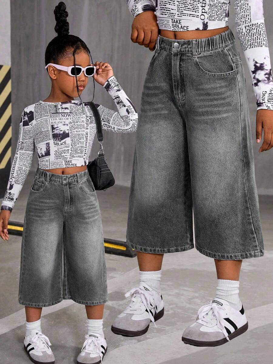 Sparklyn 女童超大水洗柔软复古休闲阔腿牛仔短裤,薄款面料,适合春夏季 - 黑色 - 查看 1