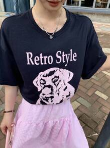 DAZY Camiseta de mujer suelta y casual de cuello redondo, manga corta, con estampado de perro, para calle, de verano, camiseta gráfica - Azul Marino - Ver 6