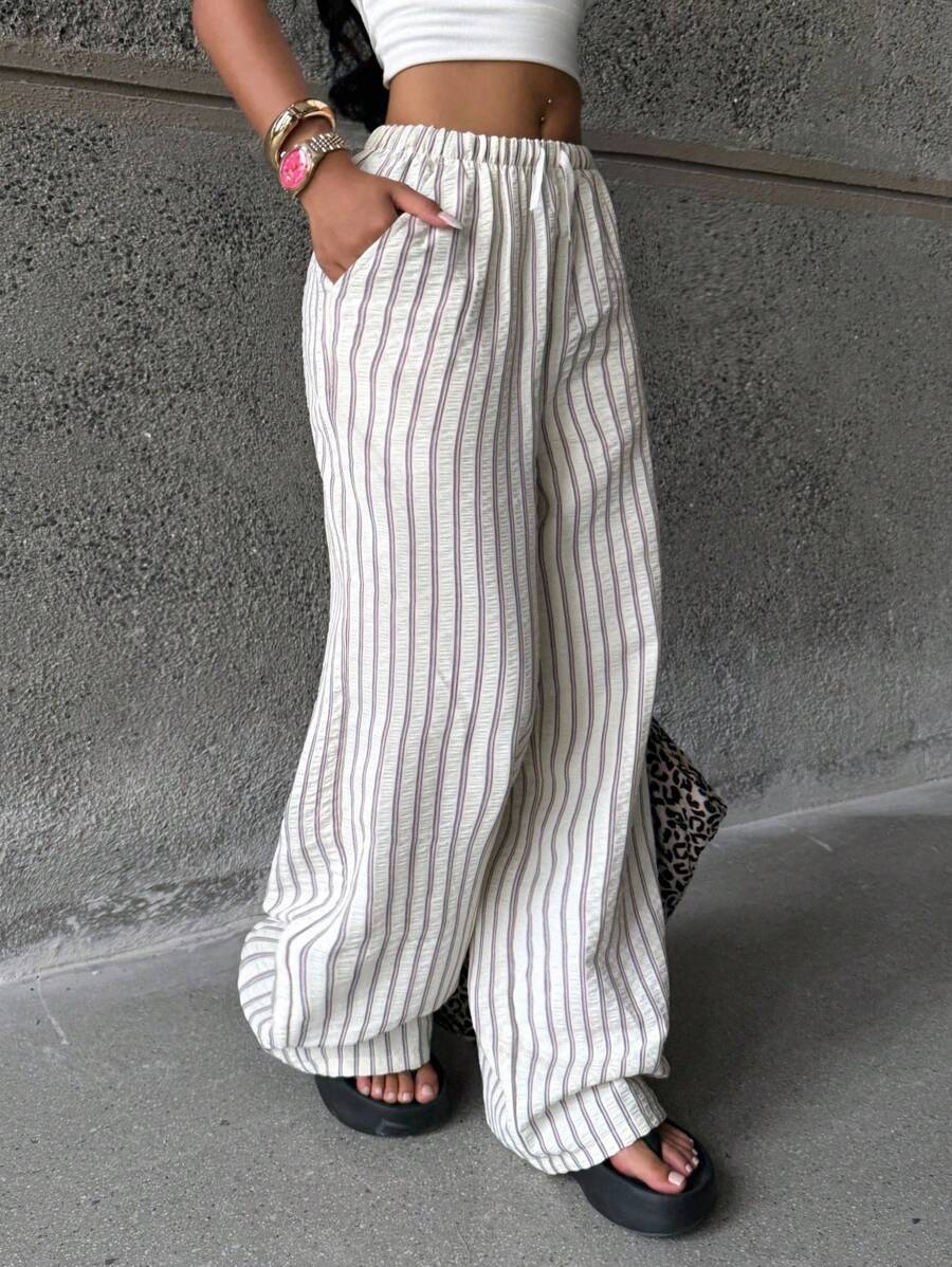 Coolane Kids Teen Girls Fall Clothes  Clothing For Petite Girls  Basic Knit Comfort Striped Wide Leg Sweatpants  Streetwear Striped Textured White Baggy Pants ,Back To School Winter