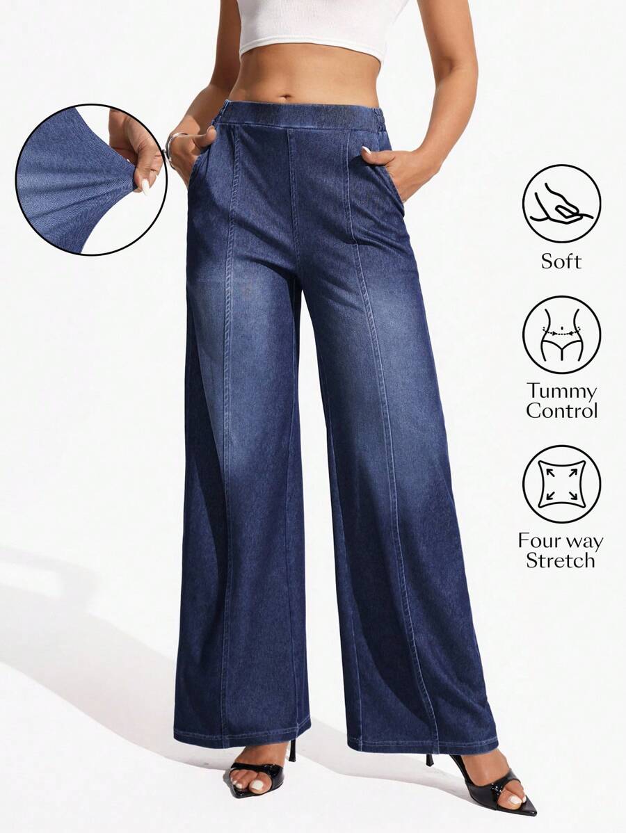 SHEIN Essnce Women's Casual & Work Wide-Leg Washed Denim Jeans - Medium Wash - View 1