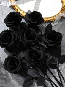 ROMWE Goth 1pc Black Rose Artificial Flowers, Home Decoration, Photo Props,Gothic Black Rose Fake Flower – Artificial Rose For Halloween Decor, Dark Wedding, Witch Party, Haunted House, Vampire Gothic Home Decoration, Spooky Centerpiec