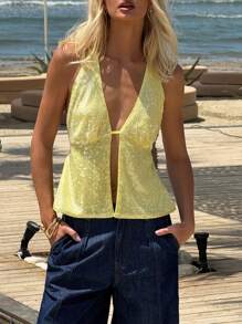SHEIN EZwear Women's Yellow Tie Front Sparkling Sequin Halter Neck Backless Sexy Split Hem Camisole,Beach Outfits For Woman,Vacation Outfits Women,Rave Outfits Festival - Yellow - View 5