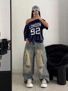 POPSWAY Plus Size London 92 Graphic Plus Size Loose Shoulder T-Shirt, White Graphic Tees Women Tops