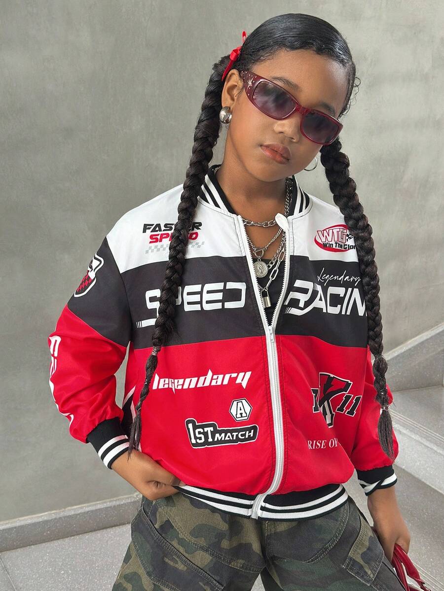 SHEIN Tween Girls' Fashion Street Style Loose Fit Black White Red Color Block Letter Print Jacket Autumn Clothing Fall Winter