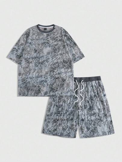 Grunge Punk Men's Distressed Tie-Dye Ripped T-Shirt And Shorts Set, Vintage Rugged Streetwear