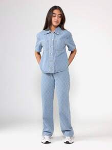 SUMWON Quilted Diamond Pattern Short Sleeve Denim Shirt Button Down Crop Top Spring Fall Casual Streetwear Jacket Modern Fashion Statement