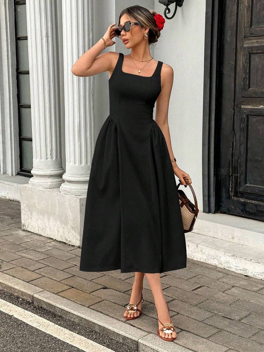 Pariaura 女士夏季优雅法式荷叶边吊带连衣裙，适合大学生的夏季连衣裙 - 黑色 - 查看 1