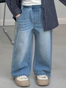 Dazy Kids 男童宽松直筒百搭牛仔裤，适合秋季穿着 - 中等水洗藍 - 查看 1