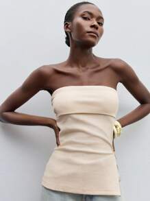 Maija Zipper & Side Split Design Bandeau Top,Autumn Outfits For Women