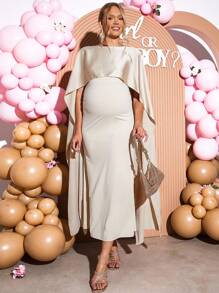 Loomaby 优雅孕妇派对纯色斗篷袖连衣裙性别揭示连衣裙孕妇装婴儿洗礼连衣裙 - 杏色 - 查看 3