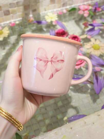 Kawaii 1 pieza Taza de café de cerámica de color, taza de agua simple rosa para el hogar, apta para lavavajillas y microondas, taza con diseño de lazo, estilo kawaii, adecuada para restaurante u hogar, decoración del hogar