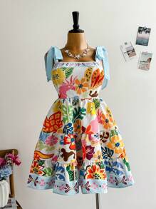 Dreamara Plus Size Women Floral Print Tie Strap Casual Dress, Vacation Or Back To School Outfit, Fall Clothing - Multicolor - View 4