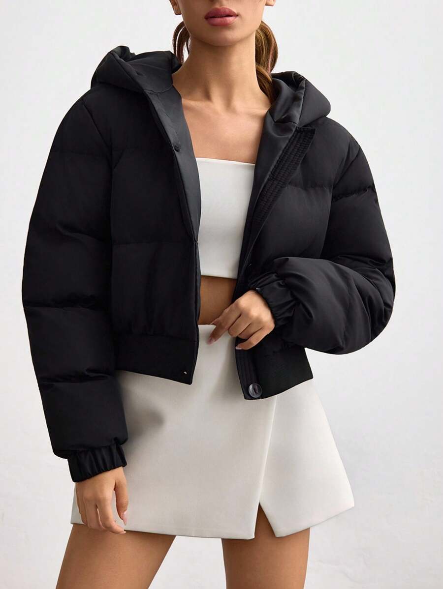 EURMUSE Women Long Sleeve Hooded Short Casual Jacket Buttoned For Fall & Winter - Black - View 1