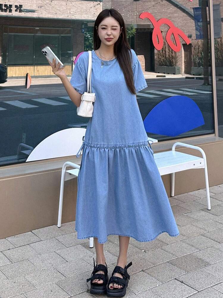 Women's Casual Round Neck Short Sleeve Drawstring Waist A-Line Denim Dress, Summer Dress