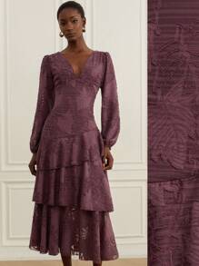 GENKIRA 优雅浪漫精致深V领性感红黑花卉随机印花层叠雪纺长袖女式连衣裙 - 紫丁香色 - 查看 3