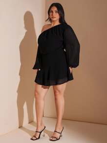 SHEIN BAE Plus Size Solid Black Chiffon Asymmetric Asymmetric Neck Loose Lantern Sleeve Short Mini Dress For Women, Holiday Chiffon Dress,Fall Women Clothes,School Clothes,Y2k Clothes,Country Outfits Women,Vintage Clothes Women,Festival Outfits Women,Wedding Guest Dress Curve,Summer Outfits For Women,Formal Dresses For Women,Birthday Women Outfits,Black Dress/ Black Mini Dress/ Long Sleeve Mini Dress/ Flowy Mini Dress/ Black Vacation Dress