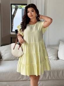 Flirla 大码女式休闲度假浪漫优雅荷叶边圆领及膝黄色连衣裙
