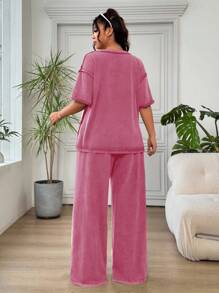 Solflare 2 件套女士加大码玫瑰红色 T 恤和运动裤，休闲套装 - 玫紅色 - 查看 2