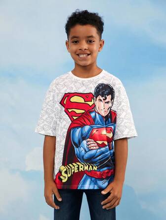SUPERMAN X SHEIN T-shirt à manches courtes blanc décontracté ample avec imprimé super-héros de dessin animé pour garçon préadolescent