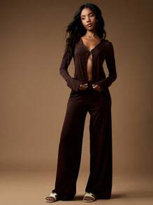 MISSGUIDED Bộ đồ dệt kim co giãn Plunge sang trọng kết hợp quần ống loe, đi chơi, dự tiệc, tiệc tối, thời trang thu đông - Cà phê nâu - Xem 5