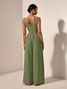 Zivah 全新度假休闲人字纹吊带背心和阔腿裤，带口袋，两件套纹理面料套装 - B - 軍綠色 - 查看 2