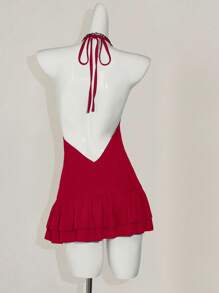 SHEIN ICON Women's Red Checked Summer 70s Night Out Party Hot Iron Shiny Backless Mini Dress,Elegant Spaghetti Strap Vacation Rave Festival Graduation Outfits - Red - View 9