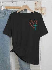 Women's Casual Heart And Cross Logo Print Round Neck T Shirt,Summer Style - 黑色 - 查看 3