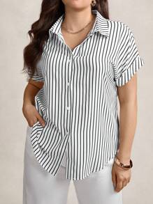 Zelara Plus Striped Print Button Front Shirt, Summer - Black and White - View 5