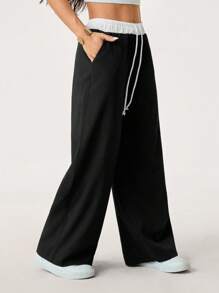 SHEIN PETITE Women Casual Versatile Contrast Color Drawstring Waist Pants