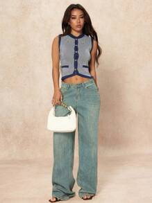 SHEIN PETITE 女士条纹单排扣休闲短款针织背心 - 藏蓝色 - 查看 7