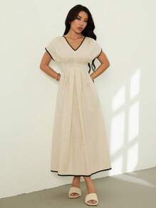 SHEIN PETITE Women's V-Neck Flutter Sleeve Pleated Dress, Summer - Beige - View 6
