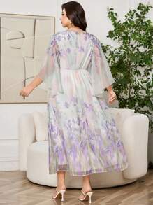 SHEIN Clasi 1 件大码女式夏季优雅花卉印花 V 领花瓣袖褶饰腰部超长连衣裙，度假风格，大码女式长礼服 - 彩色 - 查看 8