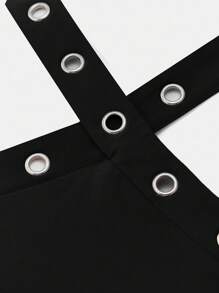 Maija Damski czarny top casualowy z ozdobnymi oczkami, uniwersalny na lato i na każdą porę roku, nowoczesny, miejski szykowny design, wygodny, dopasowany krój, ozdobny pasek w kształcie litery X, biznesowy, swobodny top streetwear z odkrytymi ramionami, bluzka uniwersalna inspirowana Y2K