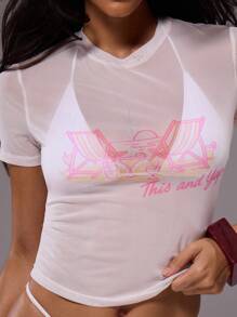 MUSERA Fitted Mesh Graphic Sheer Tee T-Shirt Spring, Summer, Casual Going Out Tops Festival  Spring Holiday Casual - Cream - View 6