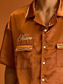 Musero 男士真丝短袖立领刺绣品牌细节衬衫纽扣前袋夏季假日休闲