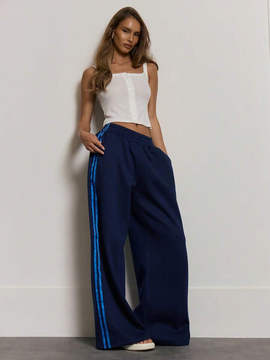 MUSERA Gestreifte Jogginghose mit weitem Bein und hoher Taille, Sommer Coolgirl Lässig Urlaub Reise Niedlich Elegant Flughafen Büro Outfit für Frauen, Büromode Damen, Winter - Königsblau - Übersicht 1