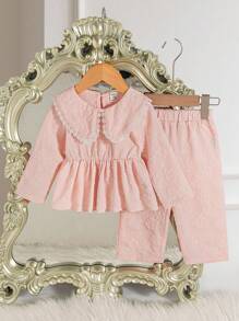 SHEIN 2pcs/Set Baby Girl Spring&Autumn Casual Style Suit Long Sleeve Lace Decoration Top&Long Pants - Pink - View 5