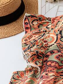 EMERY ROSE Áo cánh rộng tay bồng cổ tròn xếp nếp họa tiết hoa cỡ lớn dành cho nữ, thanh lịch khi mặc đi nghỉ và mặc hàng ngày, mùa hè - Màu Khaki - Xem 4