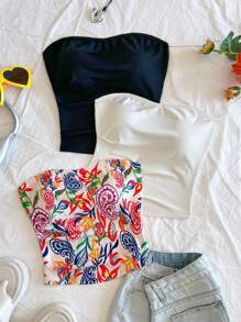 Soleia Conjunto de 3 piezas de top tubo de punto acanalado en color negro y albaricoque, con estampado de paisley colorido, para mujer talla grande, para vacaciones - Multicolor - Ver 1